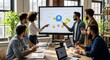 © Jati - Diverse team collaborating and presenting ideas on a large interactive screen in a modern office setting.
