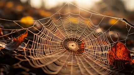 Dew-covered spiderweb on fallen leaves in a sun-drenched autumn forest scene