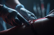 © heerim studio - Medical procedure: gloved hands prepare a patient's arm for blood draw or IV insertion. Professional healthcare.