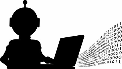 Silhouette of a robot working on a laptop with binary code emanating from the screen in black and white