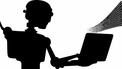 Silhouette of a robot working on a laptop with binary code flowing from the screen in black and white