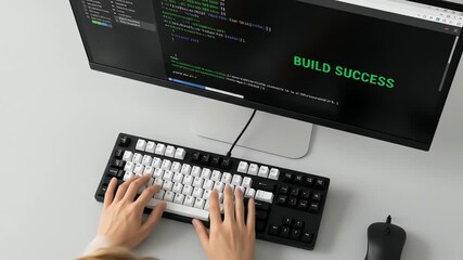 Programmer typing code on keyboard, build success on screen
