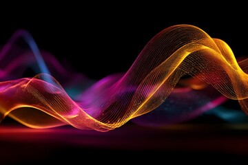 Wall Mural - 3D render, abstract background with colorful glowing light rays in blue and purple colors on a black background. Digital futuristic lines, speed motion, 