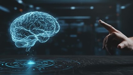 Glowing blue brain hologram levitates above a tech surface as a finger points