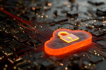Wall Mural - a digital illustration of cloud security with an orange padlock and red glowing data stream on a dar
