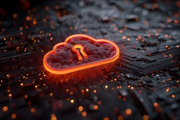 Wall Mural - a digital illustration of cloud security with an orange padlock and red glowing data stream on a dar