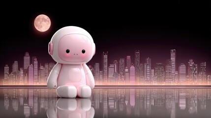 Pink robot sits on a reflective surface, gazing at a city at night under a full moon
