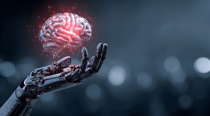 Wall Mural - A robotic hand holds out a glowing brain against a digital background, representing the concept of artificial intelligence.