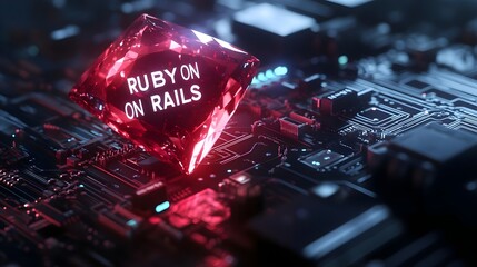 Ruby on Rails Programming Concept Red Gem on Circuit Board