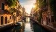 A sun-drenched canal in Venice, showcasing historic buildings and traditional gondolas, bathed in warm golden light.