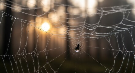 Dew-Kissed Spiderweb with Silhouette Spider Against Golden Sunlight in Forest