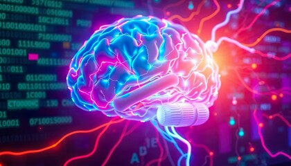 Electric brain made of neon wires, surrounded by holographic code and glitch effects