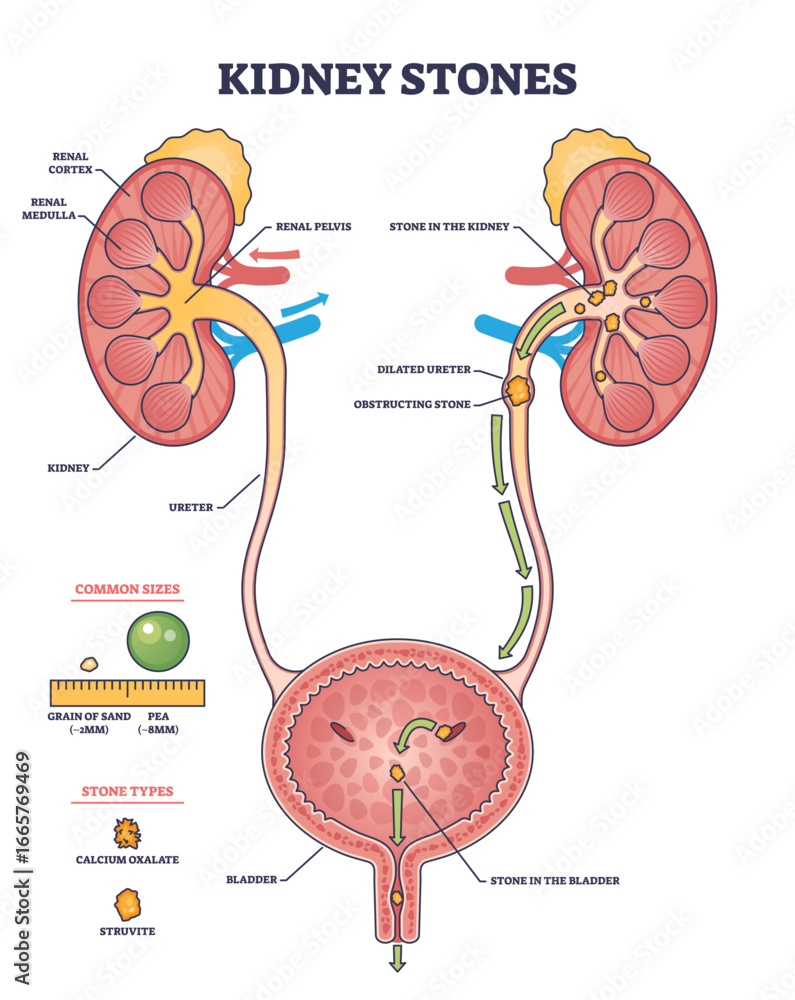 Kidney stones diagram shows kidneys, ureters, and bladder with stone ...