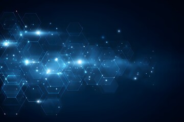 Wall Mural - Blue technology background with hexagons and lights, a vector illustration of digital elements for a business presentation or corporate banner design.