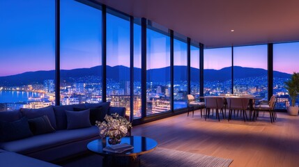 Wall Mural - Modern living room with panoramic city view at dusk, highlighting urban lifestyle and tranquility