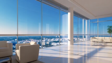 Wall Mural - Modern office interior with large windows showcasing a panoramic city view and minimalist furniture design
