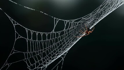 Stunning spider in intricate dew-covered web, a captivating display of nature's artistry against a dark backdrop, perfect for creative projects
