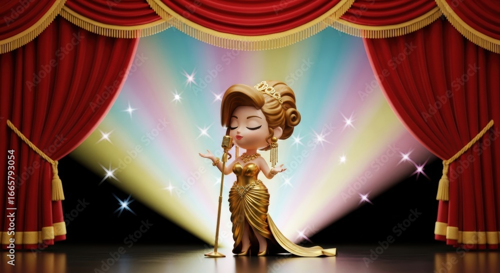 Chibi Diva in Flowing Golden Gown Singing on Stage with Luxury Curtains and Sparkling Pastel Spotlights in Background