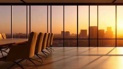 Wall Mural - Modern office meeting room with sunset view over city skyline, creating a warm and inviting atmosphere