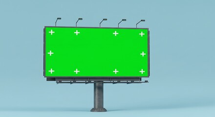 Realistic 3D illustration of a blank outdoor advertising billboard with a green screen display and tracking markers for commercial use