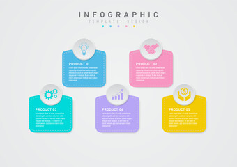 Wall Mural - Infographic design template with multicolored pastel colored rounded rectangles and grey dashed outline, center text, grey circle on top with multicolored icons, grey gradient background.