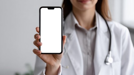 indian female doctor holding in hands using cell phone app mock up white screen over shoulder closeup view healthcare telemedicine online consultation remote mobile medical smartphone application no 
