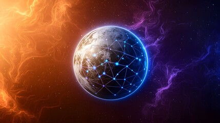 Wall Mural - an illustration showing a planet with a network overlay, set against a cosmic background with orange