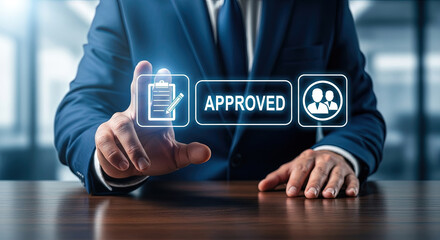 Businessman wearing a blue suit touches glowing screen showing approved document and people icon