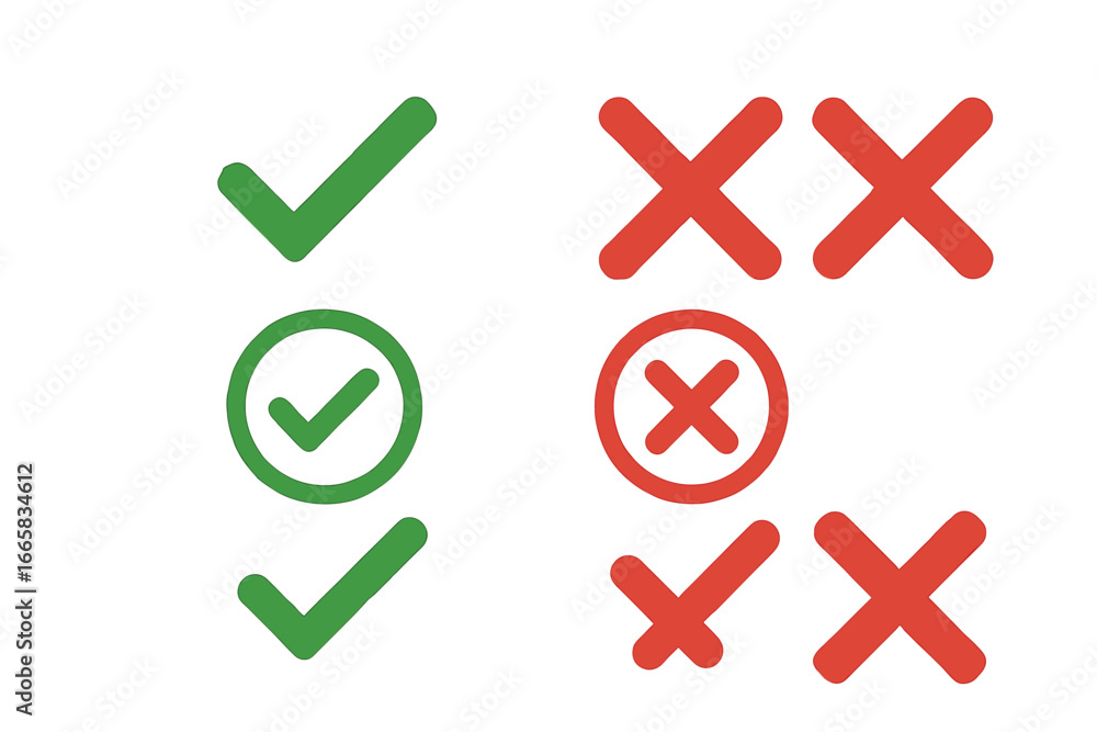 Стоковий вектор Green check marks and red cross symbols for correct and ...