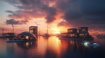 Wall Mural - a stunning sunset illuminates modern architecture in an eco-friendly setting. wind turbines grace th