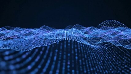 Blue particle waves undulate across a dark background creating a dynamic visual effect