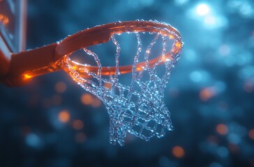Orange basketball hoop with a net made of flowing water and glowing blue background image