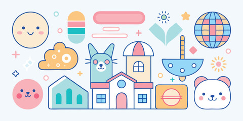 Pastel kawaii elements illustration vector design cute cartoon characters animals houses globe sun and abstract shapes