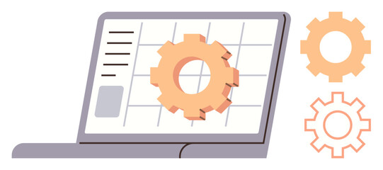 Laptop displaying a grid interface, central orange gear symbolizing system settings or development processes. Ideal for technology, software, workflow, automation, productivity, IT services, business