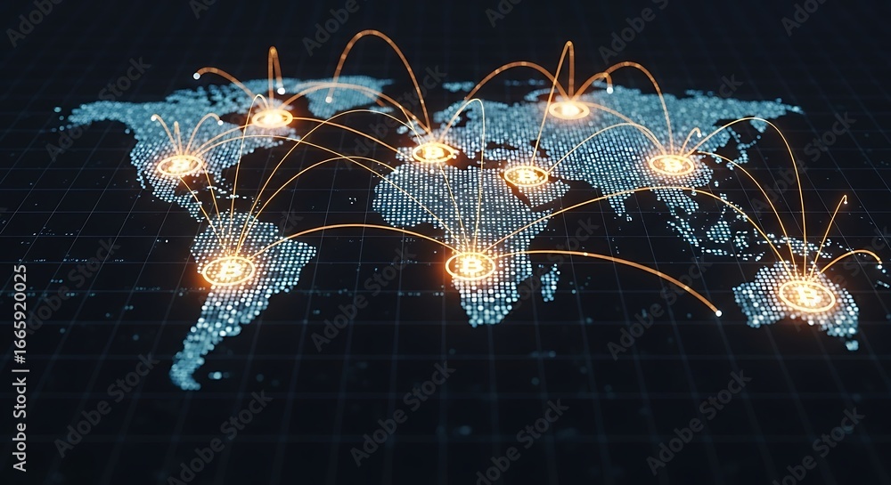 Digital world map with glowing connection points and lines representing ...
