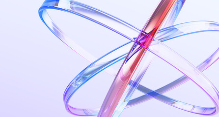 Wall Mural - blue science and tech 3d background with glass holographic transparent circle lines. iridescent abst