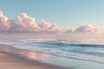 Wall Mural - Relaxing beach view at sunset with gentle waves, soft clouds, and tranquil sky creating a serene atmosphere