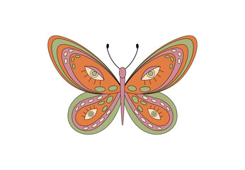 Wall Mural - groovy retro butterfly in vibrant orange and colorful cartoon graphic style sticker. funky trippy st