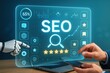 © MediaStockAI - A digital interface displays SEO concepts, with a robotic arm and a human hand interacting, showcasing futuristic technology for search engine optimization.