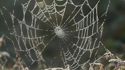 Spider web covered in glistening dewdrops against a blurred nature backdrop