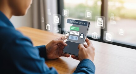Person using smartphone for online chat service with document icons and virtual interface