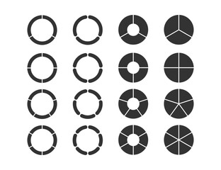 Wall Mural - Circle division infographic icon set. Pie chart divided 3,4,5,6 equal parts. Color pizza, donut round diagram. Infographic wheel segment and fraction. Vector illustration isolated on white background.