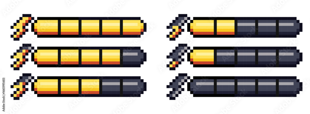 Pixel art style retro game energy bar with lightning isolated on ...