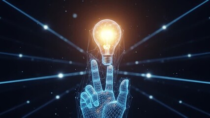 Digital Hand Inspires Bright Ideas with Glowing Bulb and Abstract Data Network, Representing Innovation and Futuristic Technologies