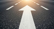 © Clin_Art - Wide, empty road with a large white painted arrow pointing straight forward, symbolizing progress, future direction, and the path to success with a bright light on the horizon