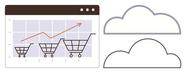 Shopping carts on a chart with upward trend arrow and cloud visuals. Ideal for e-commerce, growth, data analysis, online shopping, cloud technology, digital strategy, progress simple flat metaphor
