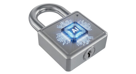 A silver padlock with an ai chip on its face isolated on a white background in the studio