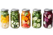 © mahatabuddin - Glass jars filled with colorful pickled vegetables isolated on transparent background. Jars of pickled vegetables featuring a variety of colorful preserved vegetables isolated on white background.