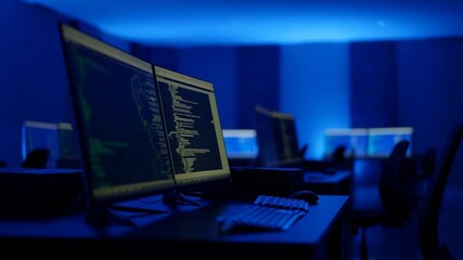 Empty programming office with computer monitors showing code in blue lighting