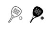 © rdyskmsh - Single vector icon of a padel racket hitting a ball | Includes a thin line art version next to a matching silhouette version. Minimal, clean, monochrome, isolated on white background, flat vector